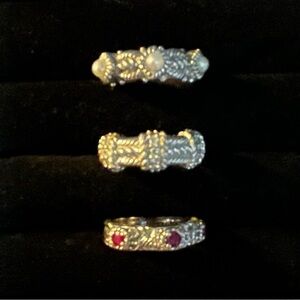 Judith Ripka Silver and Gold Ring Set with Red Gems